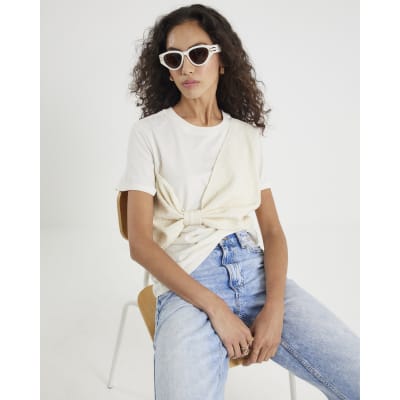 Cream Boucle Hybrid Bow T-shirt