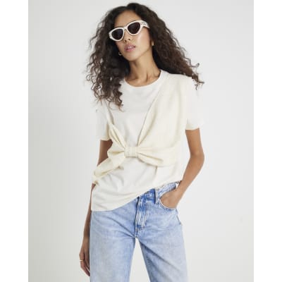 Cream Boucle Hybrid Bow T-shirt