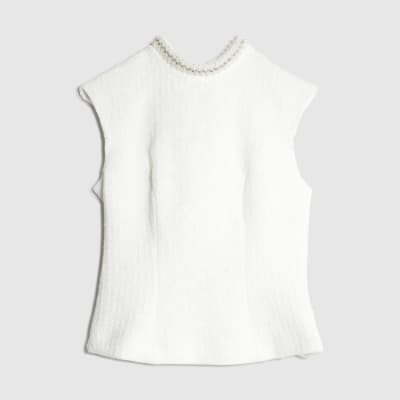 Cream Boucle Pearl Trim Bow back Top