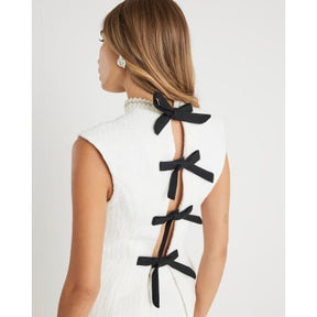 Cream Boucle Pearl Trim Bow back Top