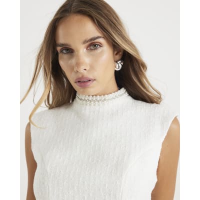 Cream Boucle Pearl Trim Bow back Top