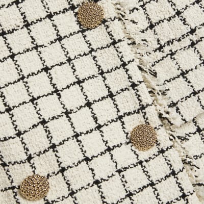 Cream Boucle Short Sleeve Check Mini Dress