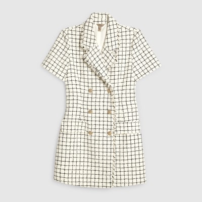 Cream Boucle Short Sleeve Check Mini Dress