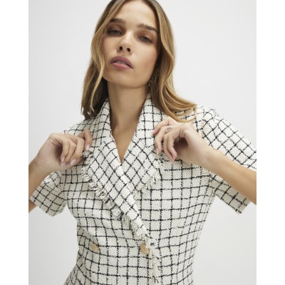 Cream Boucle Short Sleeve Check Mini Dress