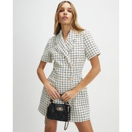 Cream Boucle Short Sleeve Check Mini Dress