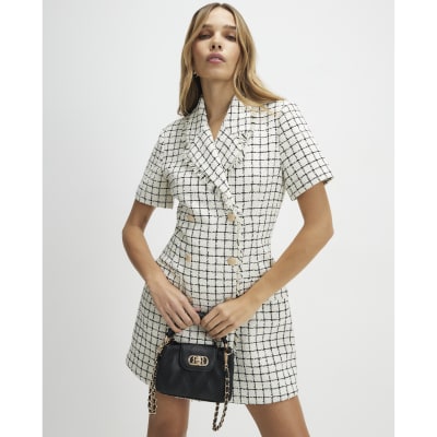 Cream Boucle Short Sleeve Check Mini Dress