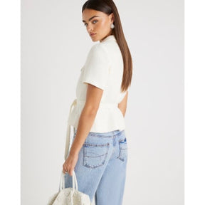 Cream Boucle Short Sleeve Collared Button Top