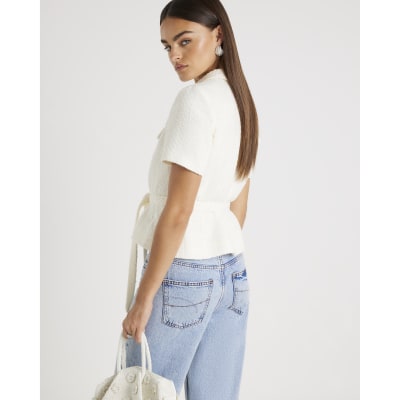 Cream Boucle Short Sleeve Collared Button Top