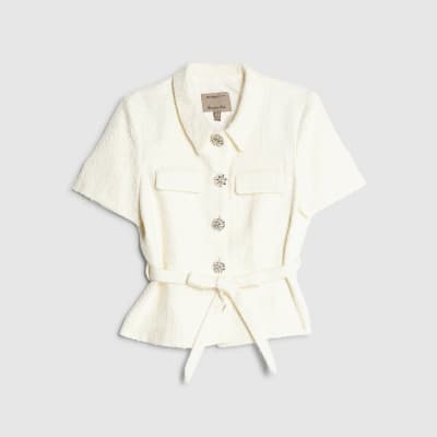 Cream Boucle Short Sleeve Collared Button Top