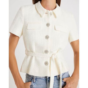 Cream Boucle Short Sleeve Collared Button Top