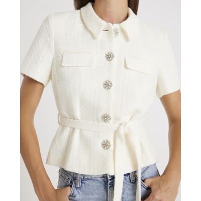 Cream Boucle Short Sleeve Collared Button Top