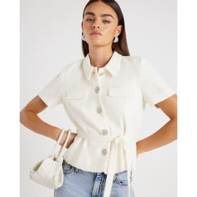 Cream Boucle Short Sleeve Collared Button Top