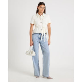 Cream Boucle Short Sleeve Collared Button Top