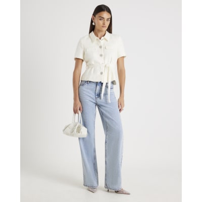 Cream Boucle Short Sleeve Collared Button Top