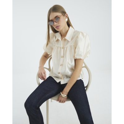 Cream Button Detail Short Puff Sleeve Shirt