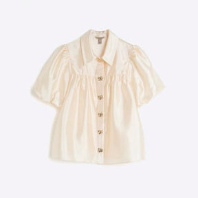 Cream Button Detail Short Puff Sleeve Shirt
