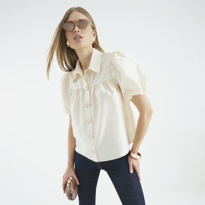 Cream Button Detail Short Puff Sleeve Shirt