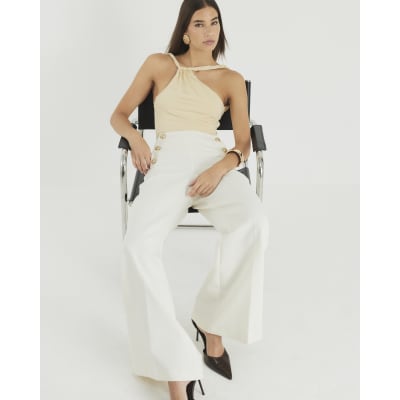 Cream Button Front Wide Leg Trousers