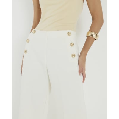Cream Button Front Wide Leg Trousers