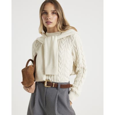 Cream Cable Knit Tie Neck Jumper