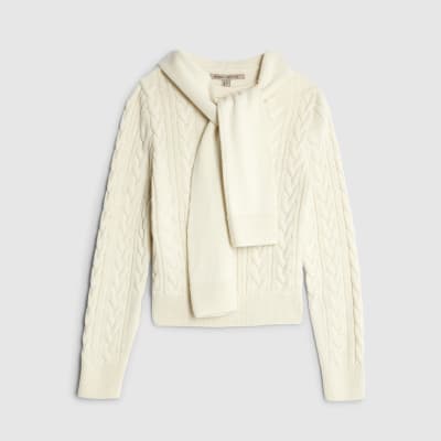 Cream Cable Knit Tie Neck Jumper