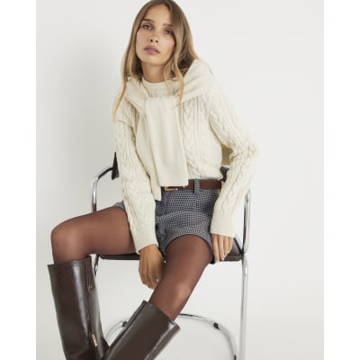 Cream Cable Knit Tie Neck Jumper