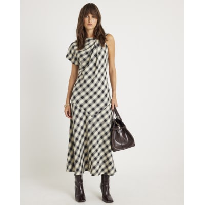 Cream Check Print Knot Maxi Dress