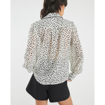 Cream Chiffon Spot Print Scallop Trim Shirt
