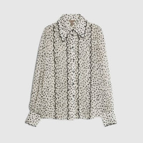 Cream Chiffon Spot Print Scallop Trim Shirt
