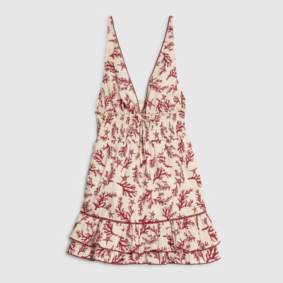 Cream Coral Print Mini Beach Dress