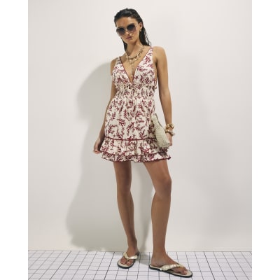 Cream Coral Print Mini Beach Dress