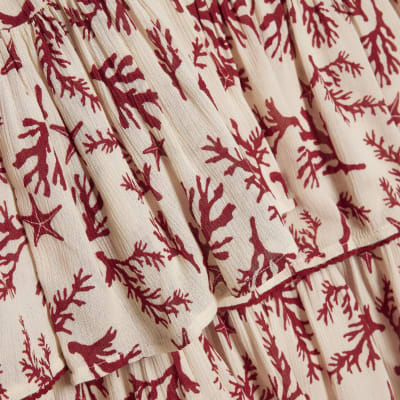 Cream Coral Print Tie Top And Skirt Set