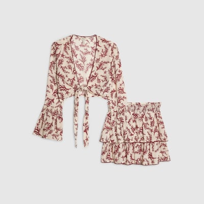 Cream Coral Print Tie Top And Skirt Set