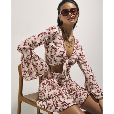 Cream Coral Print Tie Top And Skirt Set