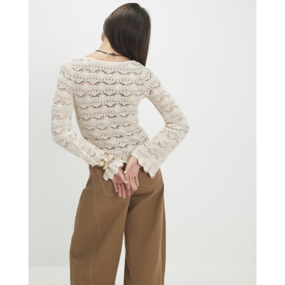 Cream Crochet Knit Boat Neck Jumper