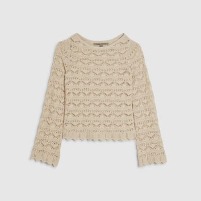 Cream Crochet Knit Boat Neck Jumper