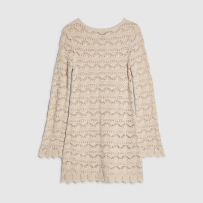 Cream Crochet Knit Boat Neck Mini Dress