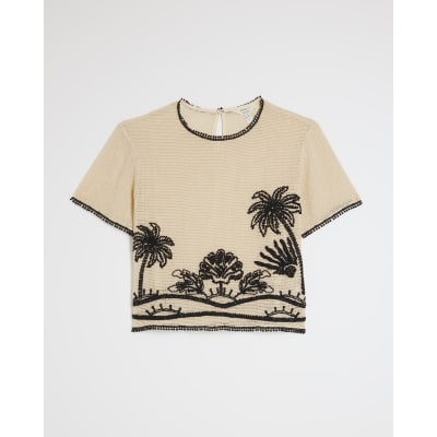 Cream Crochet Palm Print Boxy Top