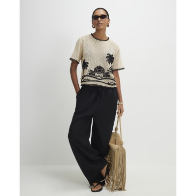 Cream Crochet Palm Print Boxy Top