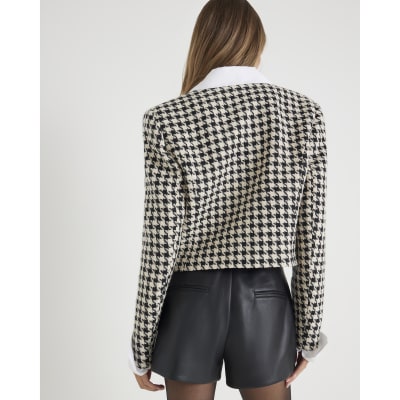 Cream Crop Dogtooth Boucle Hybrid Blazer