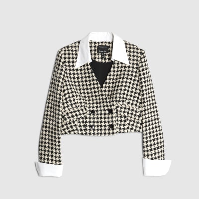 Cream Crop Dogtooth Boucle Hybrid Blazer