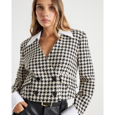 Cream Crop Dogtooth Boucle Hybrid Blazer