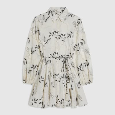 Cream Embroidered Mini Shirt Dress