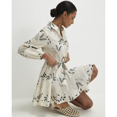 Cream Embroidered Mini Shirt Dress