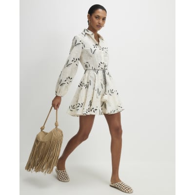 Cream Embroidered Mini Shirt Dress