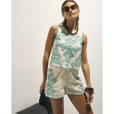 Cream Embroidered Shorts