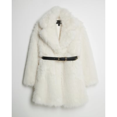 Cream Faux Fur Belted Mid Length Coat