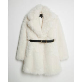 Cream Faux Fur Belted Mid Length Coat