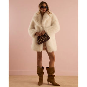 Cream Faux Fur Belted Mid Length Coat