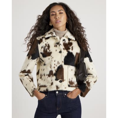 Cream Faux Fur Cow Print Jacket